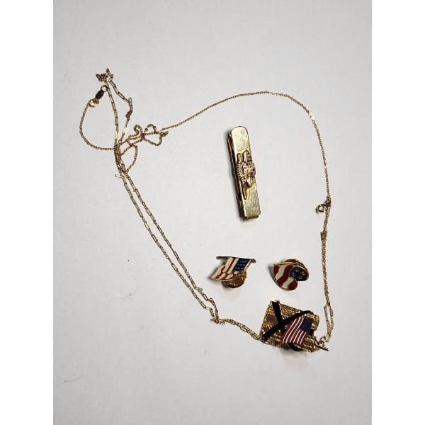 Gold-Filled Tie Clip and Necklace & (3) Patriotic American Flag Pins