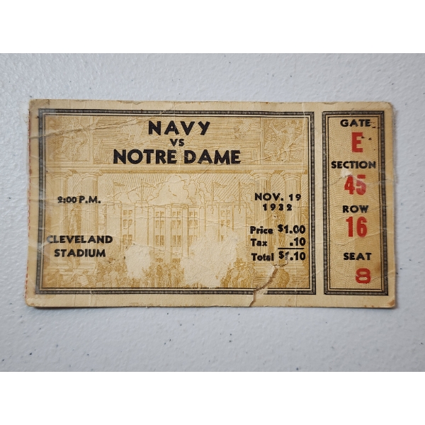 Vintage Ticket Stub: Navy vs. Notre Dame Football Game Cleveland Stadium 1932