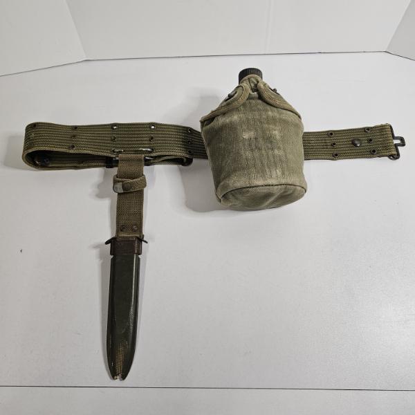 WWII U.S. Military M1910 Canvas Pistol Belt With M1910 Aluminum Canteen, Cup, Cover, And M8 Scabbard
