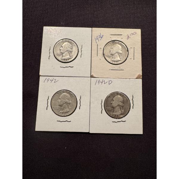 4 - United States Washington Silver Quarters - 30's & 40's - Excellent Condition