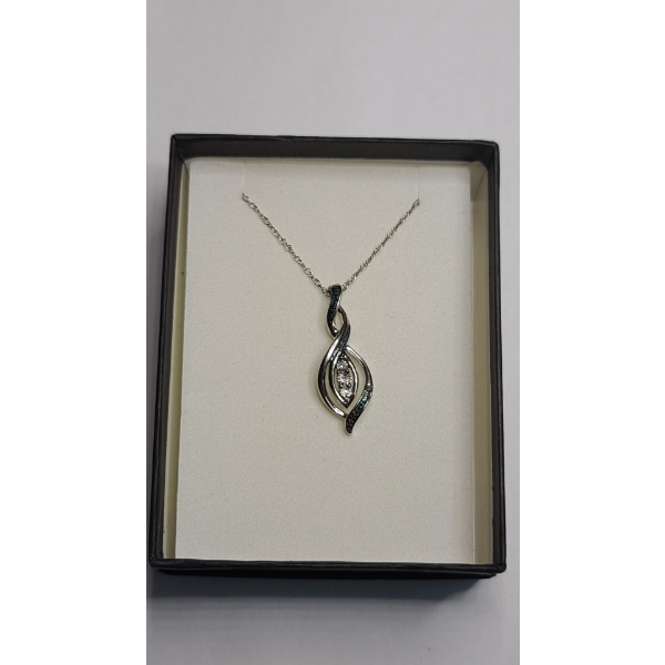 Sterling Silver Pendant Twisted Swirl Pendant With Blue & White Diamonds On 18" Chain - Weight: 4.6g