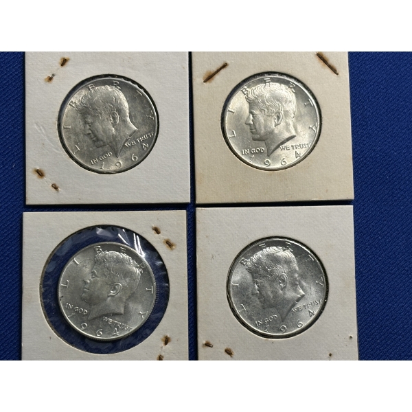 Lot of 4 90% Silver 1964 Kennedy Half-Dollars, FV $2.00