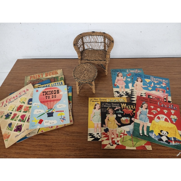 Vintage "Let's Play House" Doll Books, Assorted Children's Books, and Wicker Doll Bench and Table