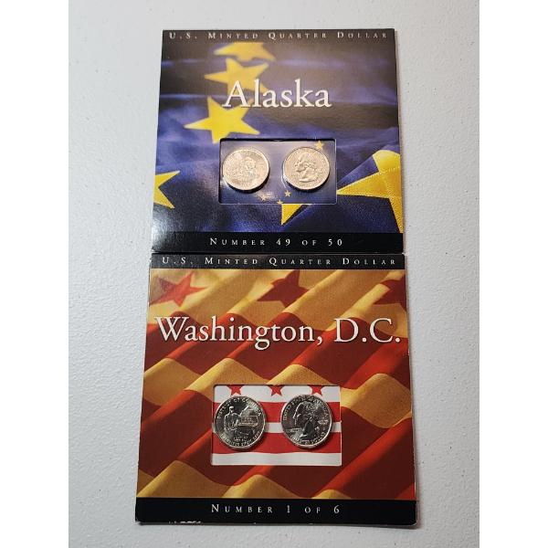 2009 Washington DC & 2008 Alaska U.S. Minted Uncirculated Quarters w/ Info Cards