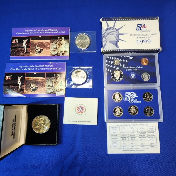 Lot of Assorted Coins: First Men on the Moon Coin, 1999 Proof Set, National Bicentennial Metal