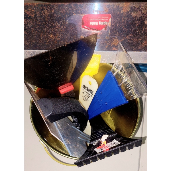 Group Of Scrapers & Taping Tools In Metal Bucket
