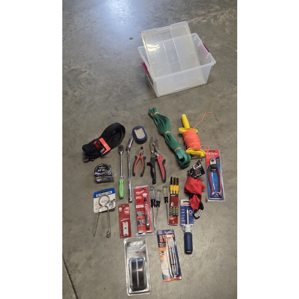 Storage Container With New Tools Including Pliers, Milwaukee Tester, Bungee Flags & More
