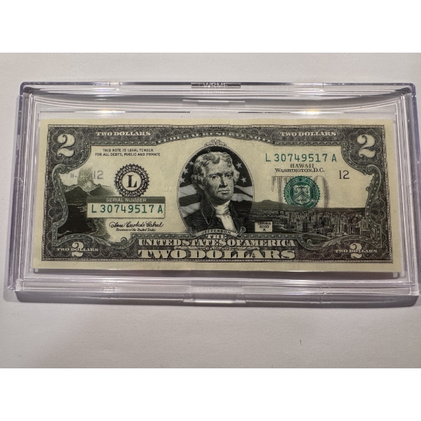 2003 United States Jefferson HAWAII $2.00 Bill In Hard Case Holder - Mint Condition - RARE