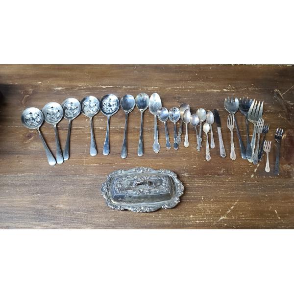 Assorted Silverplated Flatware & Butterdish - Weighs Approximately 2.6 IBS Total 