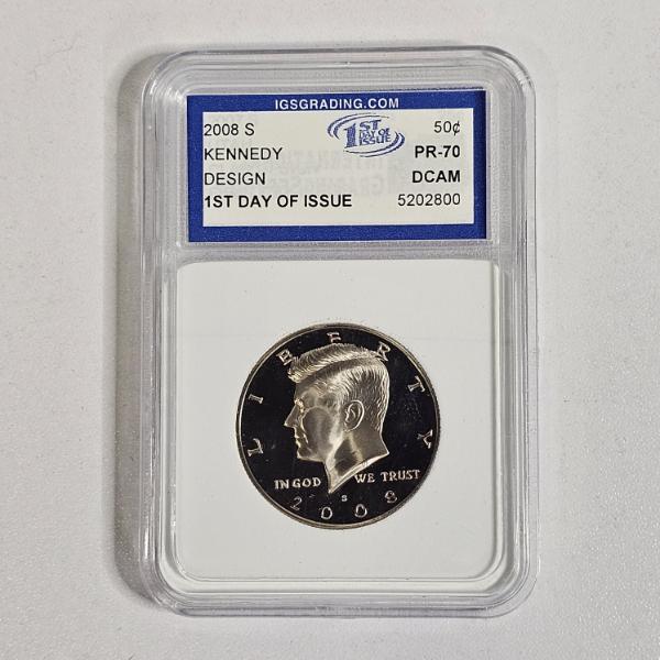 2008-S 90% Silver Kennedy Half Dollar, professionally graded PR-70 Deep Cameo (DCAM) by IGS