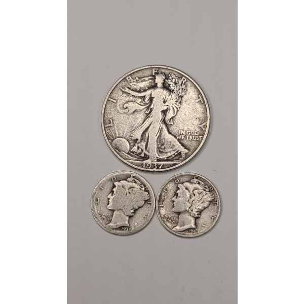 U.S 1937 Walking Liberty 90% Silver Half Dollar & 1939, 1941 90% Silver Mercury Dimes - FV: $0.70