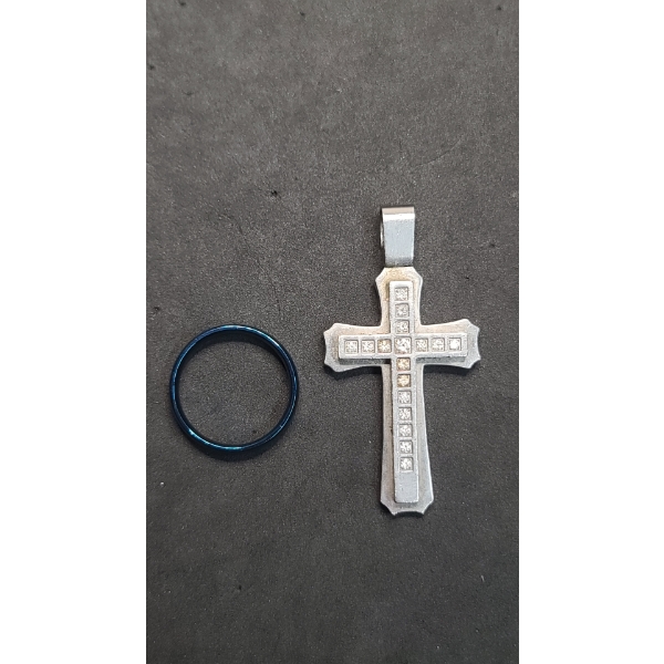 Men's Spikes Stainless Steel Ring - Size: 13 & Stainless Steel Cross With Clear Stones
