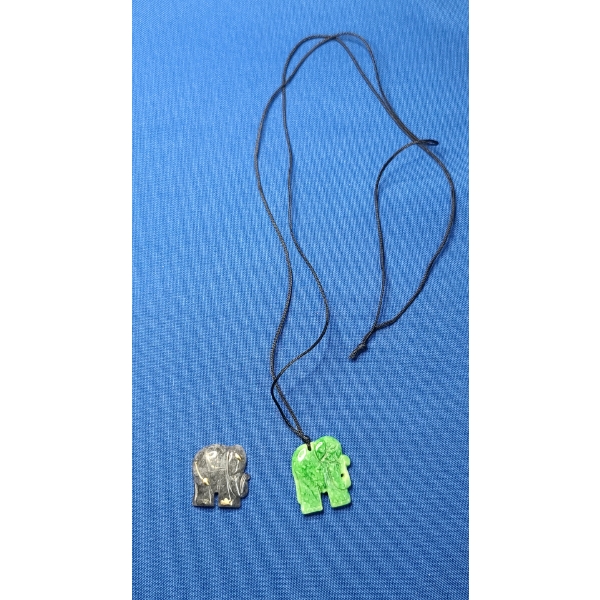 Vintage Hand Carved Green Chinese Jadeite Jade Elephant Pendant & Black Jadeite Carved Elephant