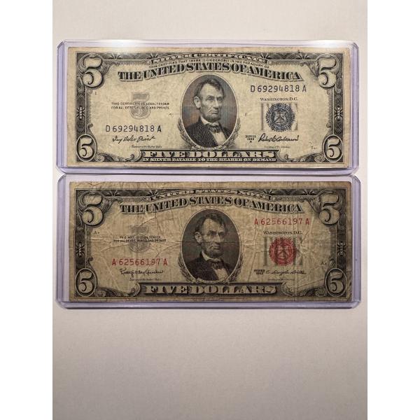 1953 & 1963 United States Lincoln Blue & Red Seal $5.00 Bills In Protective Holders