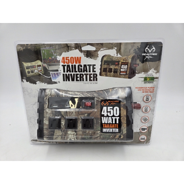 Brand New Awesome Realtree 450 Watt Tailgate Inverter With 2 USB Ports & 3 AC Outlets!
