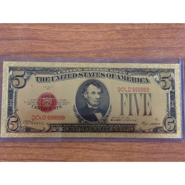 $5 Gold Certificate Gold Back .999999 - 24K Gold Back In Protective Holder - Mint Condition