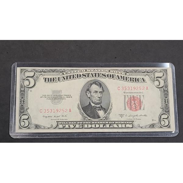 United States Series 1953 B Red Seal $5 Bank Note With Smith And Dillon Signatures