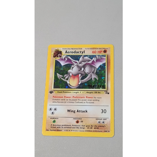 Pokemon TCG Prerelease Holo Aerodactyl 1/62 Card From The 1999 Fossil Set
