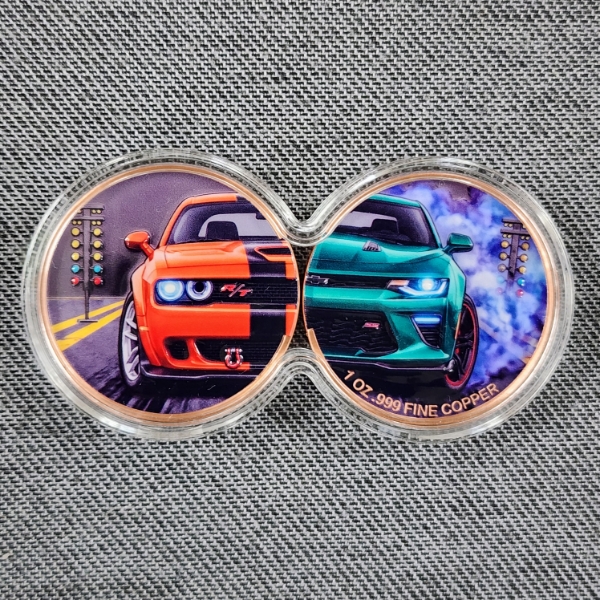 Incredible 2 Coin Display Case Ft. Two Separate 1 Oz Copper Rounds EA FT. Drag Race Car ~2 Oz Copper