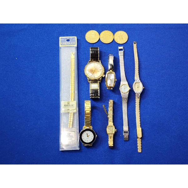 Lot of Assorted Fashion Watches & Gurdian Angel Coins- Including 24KT Gold Electroplate Band