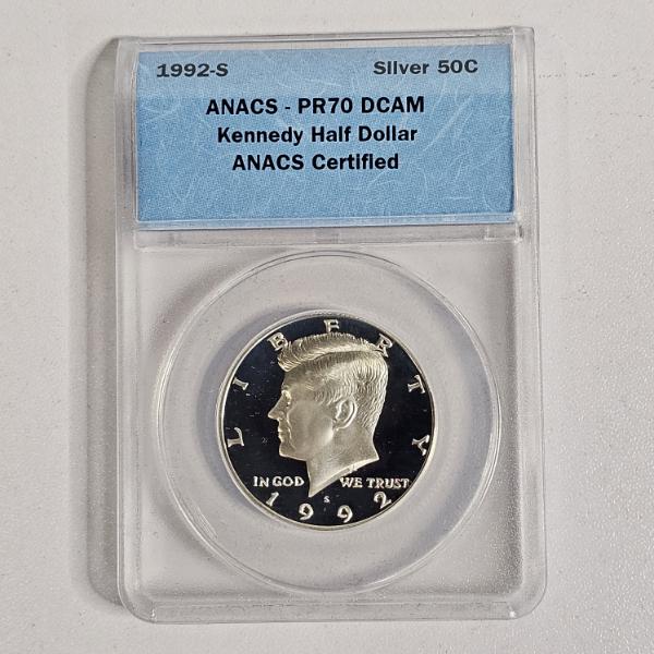 1992-S 90% Silver Kennedy Half Dollar, certified by ANACS at the perfect grade of PR70 DCAM