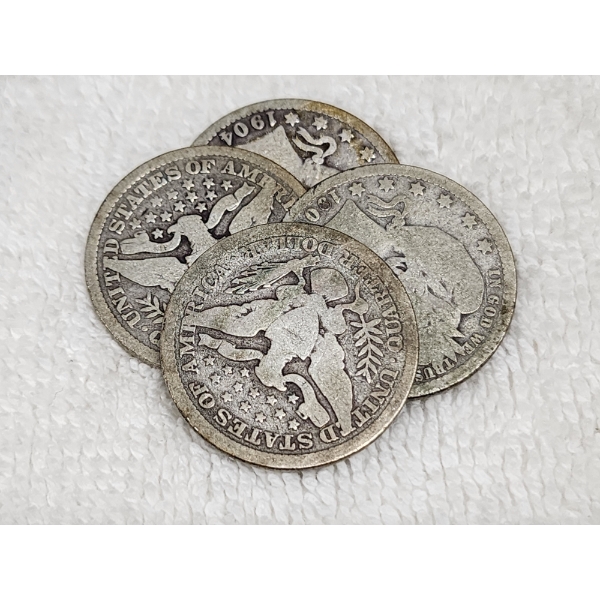 Four Assorted United States 90% Silver Barber Quarters ~ $1.00 Face Value!