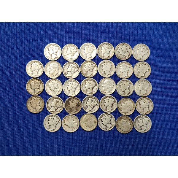 x33 Assorted Year Silver Roosevelt and Mercury Dimes FV: $3.30