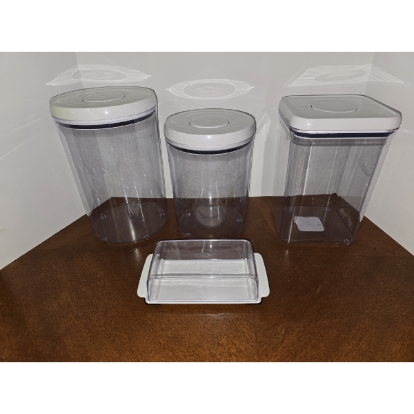 (3) OXO Air Tight Containers and an OXO Butter Dish