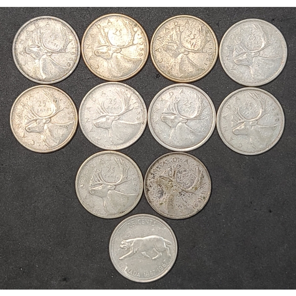 (11) Assorted Years Canadian 80% Silver 25 Cent Coins 