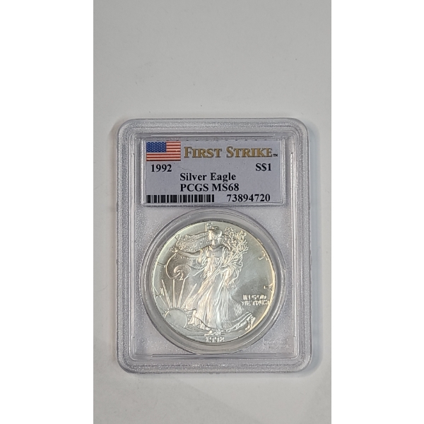 PCGS 1992 MS68 1 Troy Ounce .999 Fine Silver American Eagle In First Strike Slab