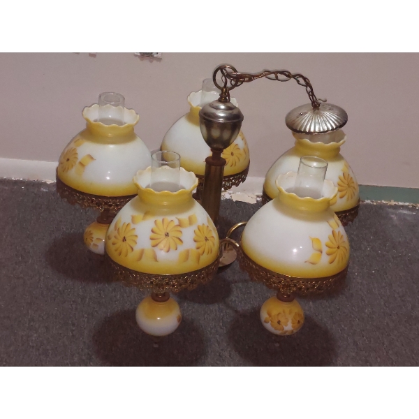 Vintage 5 Globe Yellow Flower Painted Over Milk Glass Shades - Electric - Just Needs Wiring Extentio