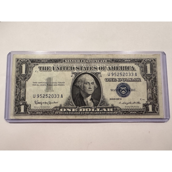 1957-B United States Washington Silver Certificate $1.00 Bill In Protective Holder - Blue Seal