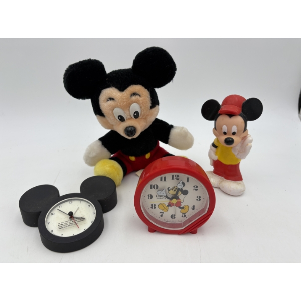 Mickey Plush - Mickey Figurine - 2 Mickey Mouse Clocks - Unknown Working Condition - Corroded Batter