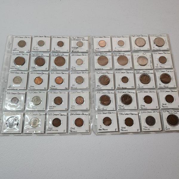 Two Binder Pages Filled with Assorted World Coins: Great Britain & British Caribbean Territories