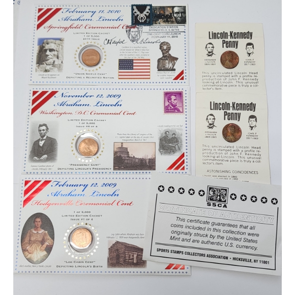U.S. Lincoln Cent Collection Pieces Including Stamps & Lincoln-Kennedy Pennies