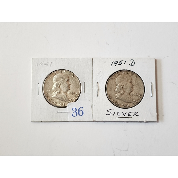 x2 1951 90% Silver Franklin Half Dollars 