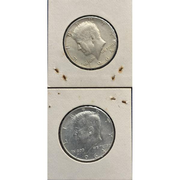 Lot of 2 90% Silver 1964 Kennedy Half-Dollars, FV $1.00
