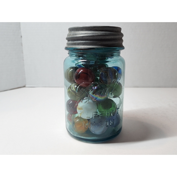 Vintage Mason Jar of Shooter Marbles Including Uranium