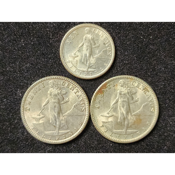 Two Silver Twenty Centavos (1944-D & 1945-D) Coins & 1944-D Silver Ten Centavos Coin Each 75% Silver