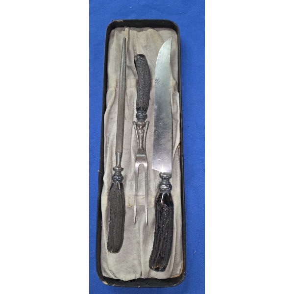 Vintage Three Piece Carving Set With Bone Like Handles 9.5'' Knife Blade