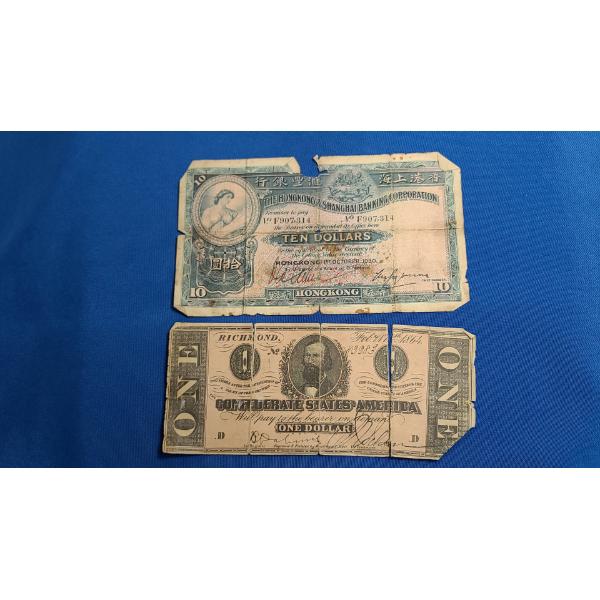 Hongkong & Shanghai Banking Corp $10 Note & Reprint Of 1864Confederate States Of America $1 Note 