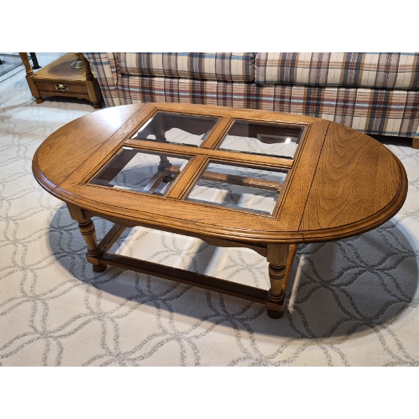 PICKUP IN NORTHFIELD - Hardwood Oak Flip Down Ends Coffee Table Glass Top Excellent - See Pics - (Al