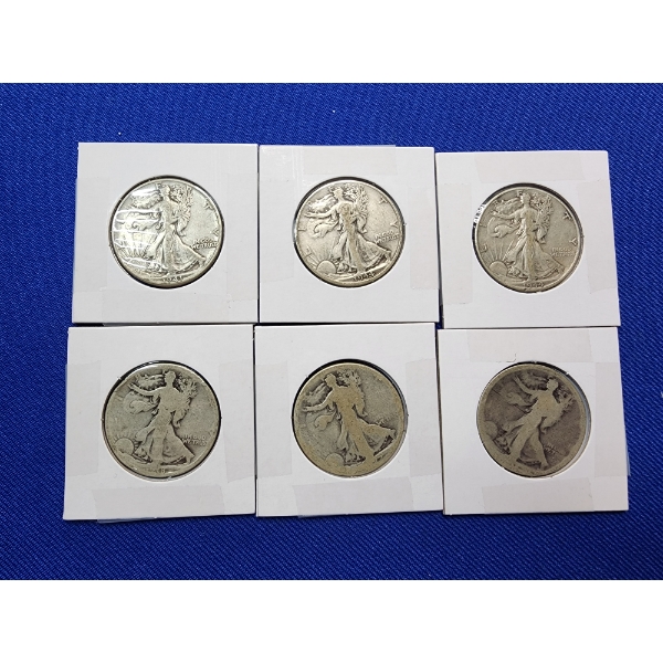 6 Walking Liberty Silver Half Dollars Years: 1941, 1944, and Unknown Years FV: $3.00