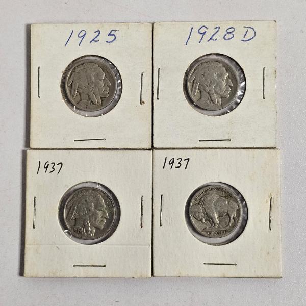 1925, 1928-D, 1937, And 1937 Buffalo Nickels