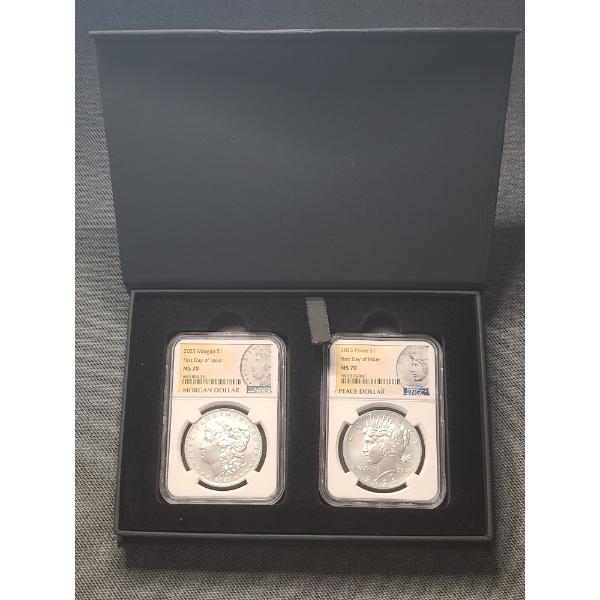 Set of Two 2023 NGC MS70 Morgan & Peace Silver Dollars - First Day of Issue - INCREDIBLE SET!