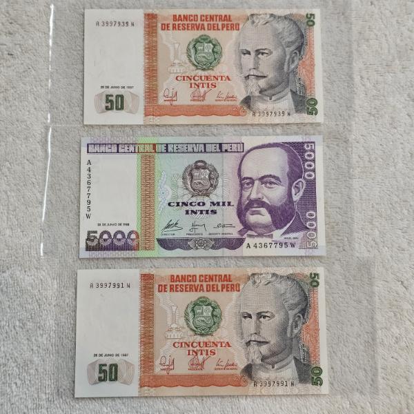 Lot of 3 Mixed Vintage Peru Banknotes Including a 1988 Cinco Mil 5000 Intis Note