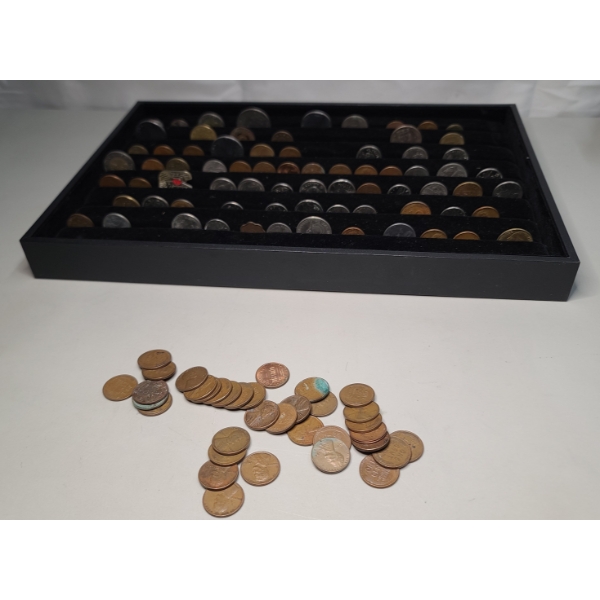 Large Tray Of Foreign Coins & 35 Assorted Wheat Pennies