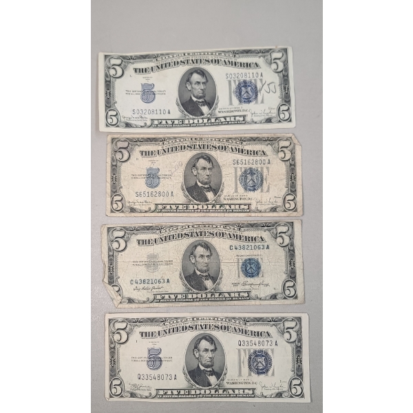 (4) Assorted Series United States $5 Silver Certificates - Face Value: $20.00