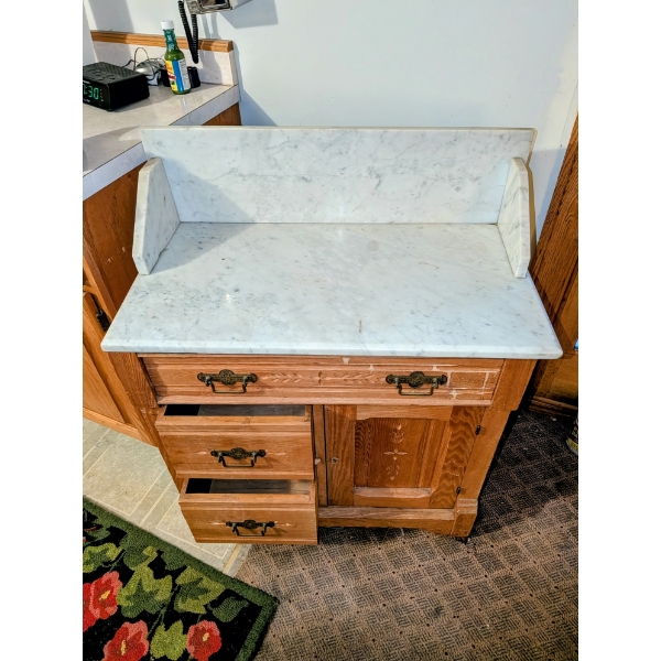 Nice Conditon Marble Topped Wood Cupboard W Drawers 30"x37"