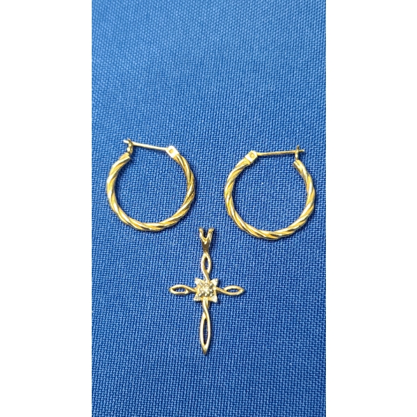 14K Gold Twisted Hoop Earrings & 14K Gold Cross Pendant - Total Weight: 2.5g
